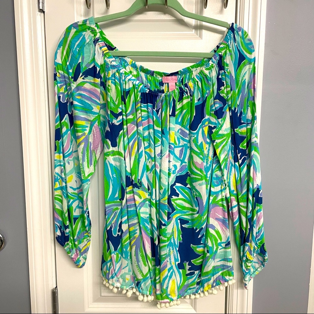 Lilly Pulitzer Pompom bottom trim off the shoulder top - size large